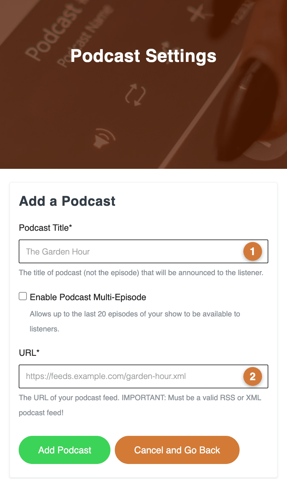 Example screenshot adding a podcast