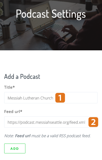 Example screenshot adding a podcast